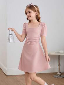 SHEIN Nova Glow Tween 女童褶饰腰部优雅通勤束腰短袖连衣裙 - 淺粉色 - 查看 4