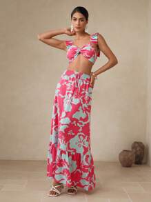 SHEIN Swim 2件套休闲优雅花卉印花短款上衣和荷叶边下摆半身裙套装