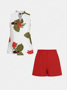 EMERY ROSE 2 件套女士休闲花卉印花 V 领无袖上衣和纯色短裤 - 紅色 - 查看 6