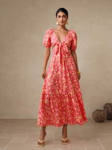 Swim Oasis Women Long Sleeve Front Tie Back Gathered A-Line Print Dress - Hot Pink - View 3