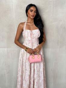 Glamine Váy Maxi in hoa lãng mạn cho nữ, không tay, cổ cao, xẻ eo, dáng chữ A, thích hợp mặc hàng ngày/đi nghỉ vào mùa xuân/hè - Hồng - Xem 5