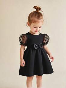 Glamorique Kids 女婴休闲时尚波尔卡圆点网眼短袖连衣裙，夏季 - 黑色 - 查看 2