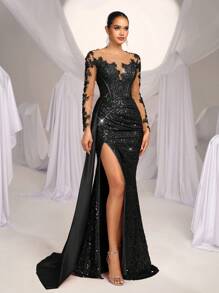 Glamrae Vestido largo tipo sirena de satén con bordados elegantes, encaje, lentejuelas y cola, adecuado para bodas, fiestas, bailes de graduación y cocteles - Vestido formal, elegante y de alta calidad para ocasiones especiales, invitados de boda - Negro - Ver 8