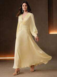 Anewsta 女士优雅V领褶皱腰褶连衣裙，女士生日礼服，婚礼宾客礼服 - 黃色 - 查看 5