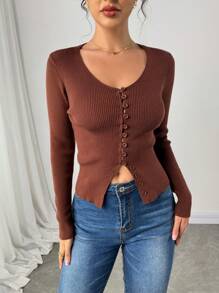 INAWLY Solva V 领单排扣纯色针织开衫，简约时尚休闲日常穿着 - 棕色 - 查看 5