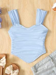 Tween Girls Cute Summer Sweetheart Collar Solid Ruched Wide Strap Top