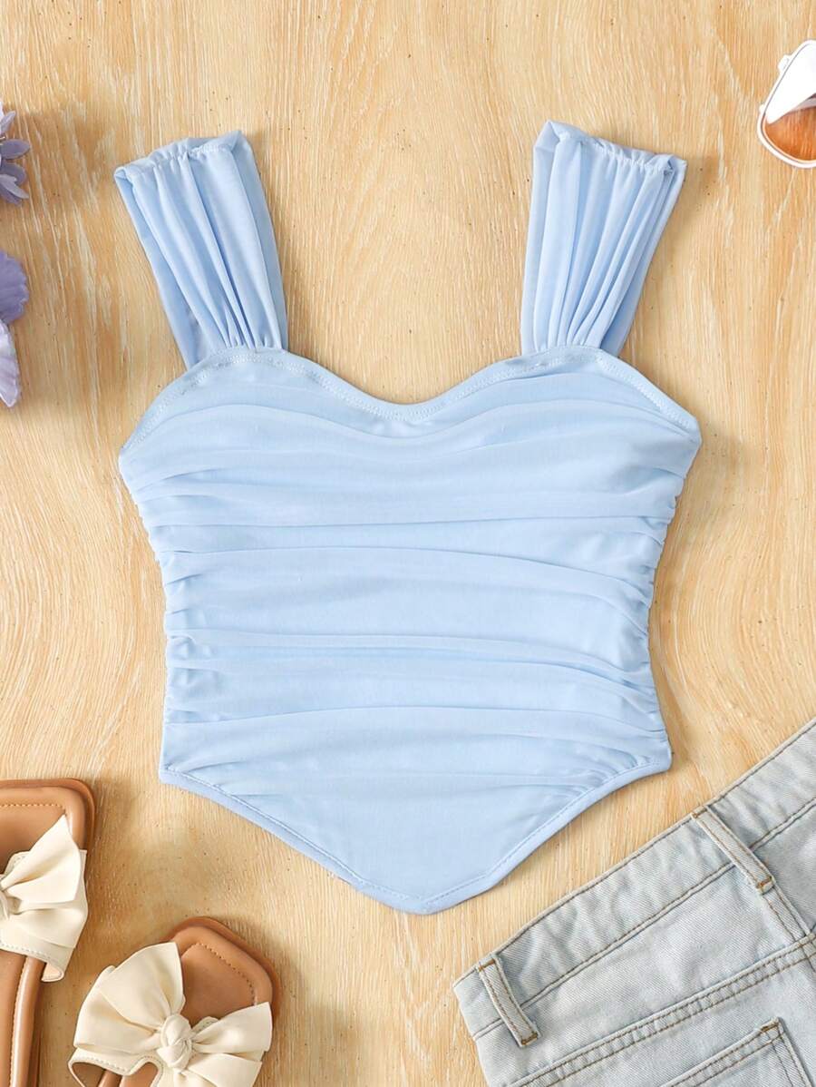 Tween Girls Cute Summer Sweetheart Collar Solid Ruched Wide Strap Top