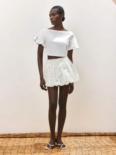 Maija Women's White Floral Ruffle Skort, Spring/Summer Bohemian Chic Vacation Romantic Style, Comfortable Loose High-Waist Peplum Ruffle Hem Skirt