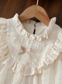 SHEIN Vestito da principessa elegante per ragazze con colletto arricciato, bordi in pizzo, ricamo, taglio ampio, doppio rivestimento, adatto per vacanza, viaggio, festa, regalo, primavera/autunno - Albicocca - Visualizzare 4