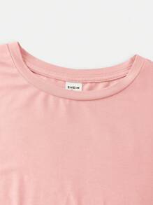SHEIN Conjunto casual a juego para adolescentes de unicolor, con camiseta con volantes y pantalones con pierna acampanada - Rosa - Ver 3