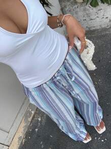 Muchica Pantalones casuales de mujer con cordón en la cintura y rayas de colores tejidos