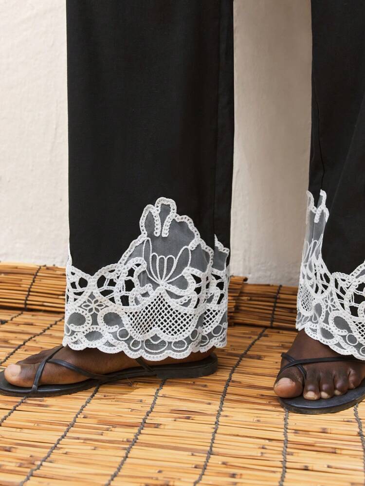 SHEIN Maija Women's Black Casual Loose Straight Leg Pants, Elastic Waist, Color Contrast Lace Patchwork, Slant Pockets, Elegant & Fashionable For Summer