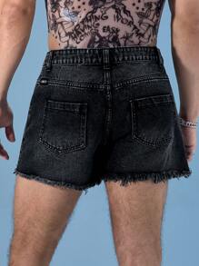 FeverCity Fever City Washed Hem & Frayed Short Men's Denim Shorts - Black - View 2