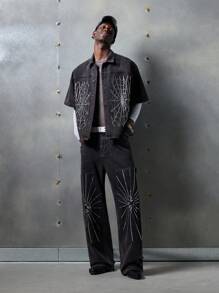 NEON BLANC Herren Street Fashion gewebtes Gothic Strass Spinnen Kurzarm Hemd, geeignet für den Sommer - Violett - Übersicht 1