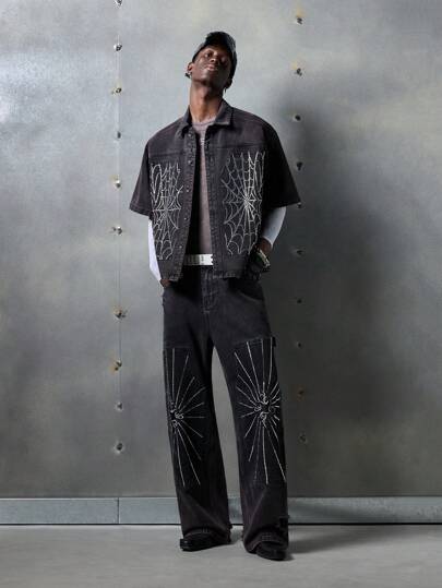 NEON BLANC 男士街头时尚编织哥特式水钻蜘蛛短袖衬衫，适合夏季