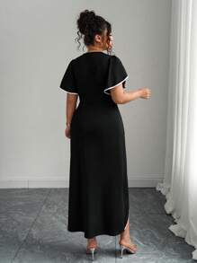 Elenzga Plus Size Color Block Dress With Contrast Trim, Fashionable Summer Wear - Black - View 2