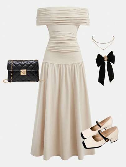 SHEIN Girlism 少女杏色，优雅复古，返校/派对服装，生日服装，舞会礼服，针织单肩褶皱长裙