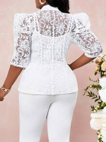SHEIN Lady Plus Size Women Summer Casual Paisley Print Lace Trimmed Short Sleeve Jacket, Suitable For Valentine's Day - White - View 2