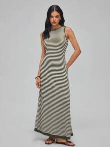 Roylia High-Elastic Dual-Color Openwork Knitted, Faux Knitted Openwork Striped Pattern, Fitted, Round Neck, Sleeveless, Tied Bowknot At Back, Contrast Tipping, Cutout At Back Collar, Super Oversized A-Line, Tank-Style, Waist-Cinched, Vacation, Festival, Casual, Elegant, Commute, Sexy, Minimalist, Romantic, Sweet, Bohemian Holiday, Long Maxi Dress For Women Spring/Summer Stripe Dresses For Women Striped Maxi Dress Summer Dress Vintage - Army Green - View 3