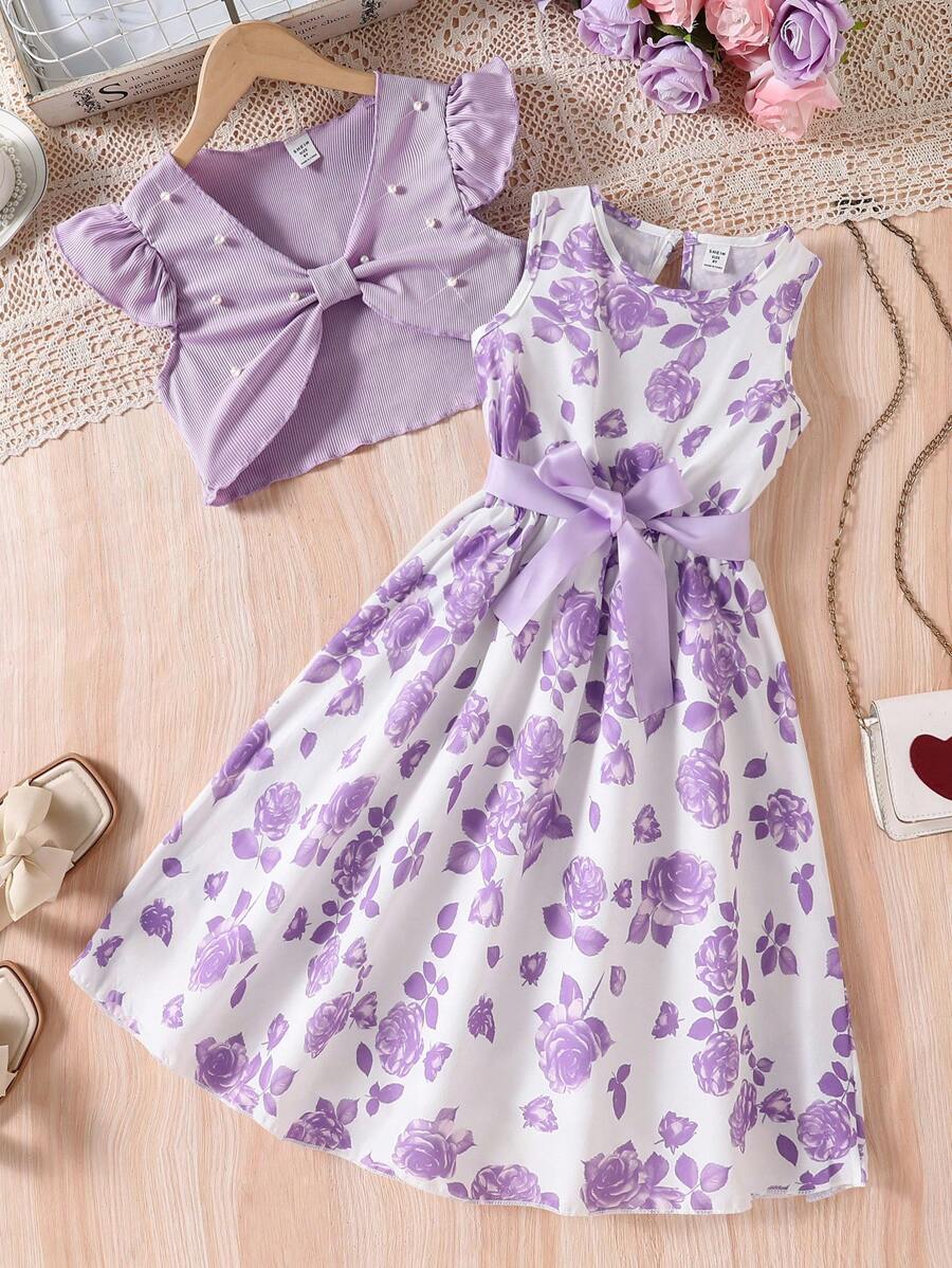 Sparklyn 2 件套青少年女孩优雅盖袖串珠上衣和花卉印花连衣裙（配腰带），春夏 - 淡紫色 - 查看 1