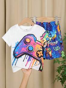 6 pièces/set T-shirt à manches courtes col rond ample avec short pour enfants garçons, style décontracté universitaire, motifs d'animaux de dessins animés confortables. Comprend 3 motifs différents, convient pour l'école, le jardin, la plage, les fêtes d'anniversaire au printemps, en été, en automne et en hiver. - Multicolore - Voir 4