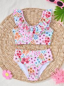 Young Girls Ditsy Floral Ruffle Hem Bikini Sets - Multicolor - View 1