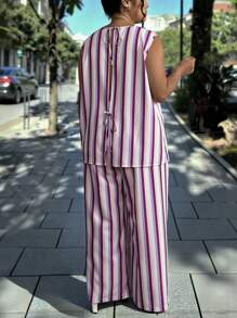 INAWLY 2pcs/Set Plus Size Women Striped Front Tie Sleeveless Blouse And Pants Set - Multicolor - View 2
