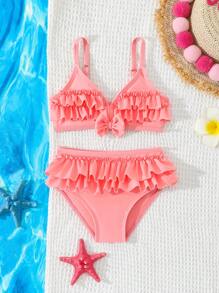 Baby Girl Cute Ruffled Bow Decoration Bikini Swimsuit Set - Pink - View 3