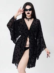 Bloopia Kimono de mujer para verano y vacaciones, de tela transparente y suelta con estampado de murciélago, para cubrir, Halloween - Negro - Ver 1