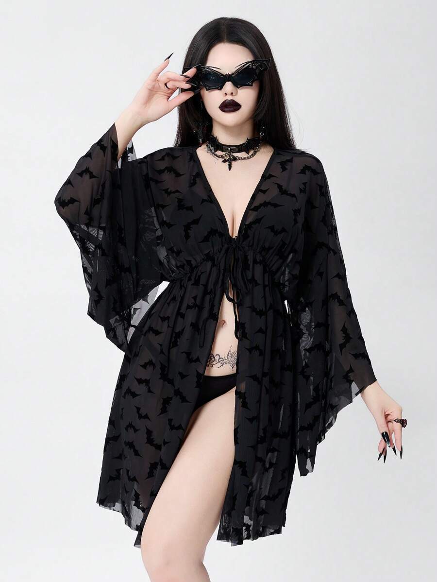 Bloopia Kimono de mujer para verano y vacaciones, de tela transparente y suelta con estampado de murciélago, para cubrir, Halloween - Negro - Ver 1