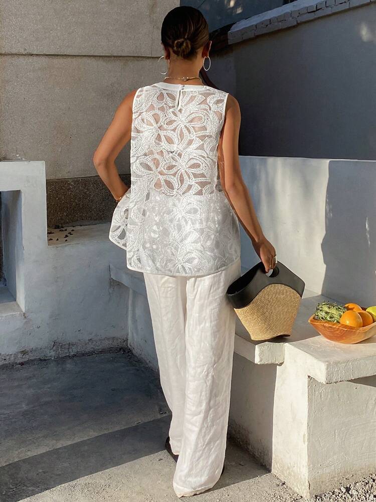 Women's Lace Embroidered Sheer Tank Top, Sleeveless, Suitable For Vacation Or Beach