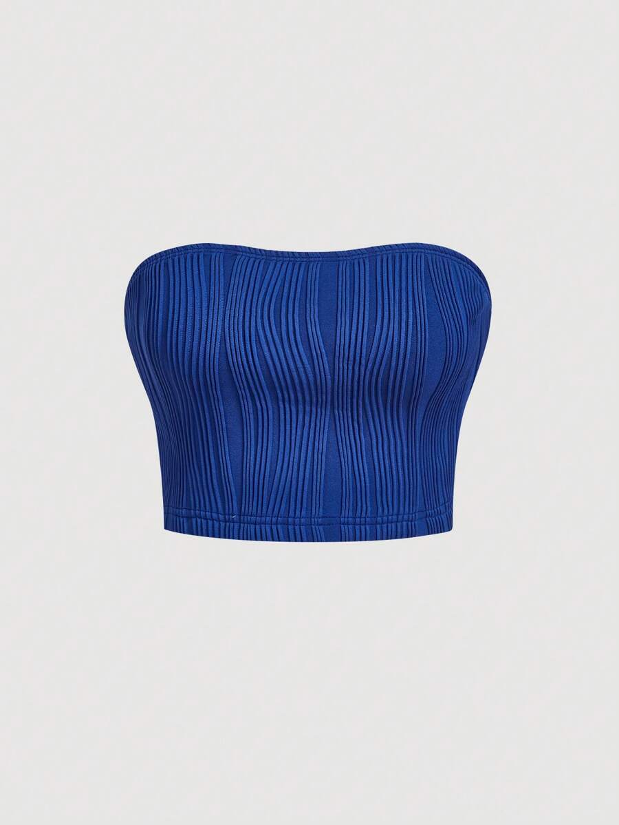 SHEIN MOD Solid Textured Tube Crop Top - Navy Blue - View 1