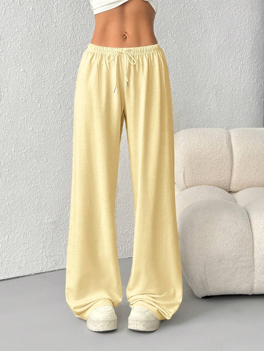 SHEIN EZwear 女士休闲纯色运动裤,适合夏季,奶油黄,适合毕业季、返校季、毕业典礼、教师节等场合。 - 黃色 - 查看 1