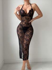 2件套性感蕾丝透明露背系腰高开衩长裙外出装