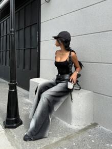 SHEIN EZwear Women's Casual Extra Long Black Denim Jeans With Zipper Details And A Stylish Two-Tone Fade