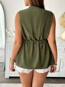 Celure Damen Bluse in Großen Größen, Frühling/Sommer Französischer Chic Eleganter Pendler Business Lässig Urlaub Einfarbig mit Stehkragen, Kordelzug in der Taille, A-Linie, offene Vorderseite mit Metalltasten, dekorative Fake-Taschen, ärmellosl