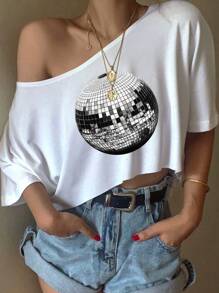 Muchica Women's Casual Asymmetrical Shoulder Metal Beads Graphic Cropped Oversized Short Sleeve T-Shirt, Suitable For Summer, Vacation, Music Festivals - White - View 4