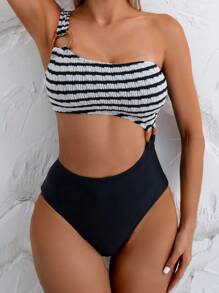 SHEIN Swim 1 pieza Traje de baño de una sola pieza con bloques de color texturizados y a rayas para mujer - Blanco y Negro - Ver 1