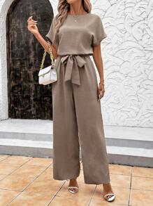 SHEIN Clasi Summer Elegant Women's Blue Cool Linen Pleated Fabric With Shoulder Sleeves And Tied Waist Short Sleeved Jumpsuit, Suitable For Various Occasions, Daily Travel, Outings, Etc - Mocha Brown - View 6