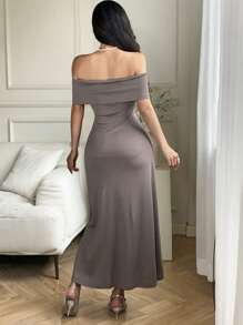 DAZY Đầm midi bó sát hở vai mùa hè cho nữ - Xám - Xem 4