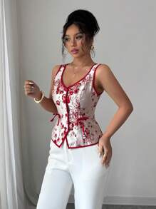 Elenzga Camisa con apertura frontal y detalle de lazo en tela de jacquard elegante - Rojo - Ver 6