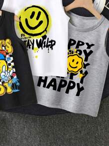 SHEIN Leap Crew 男童休闲简约卡通印花背心，两件套，夏季