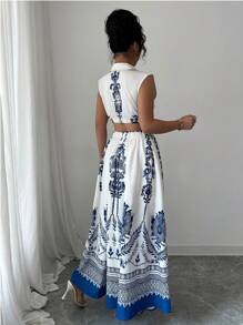 Elenzga Women's Blue Floral Cinched Waist Waist Elegant Ruffle Collar Casual Dress, Vacation Style - Blue - View 2