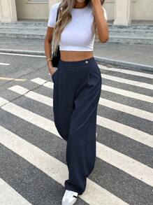 Serisse Pantaloni de damă, de culoare solidă, cu buzunare pliate, drepte, largi - Albastru marin - Vizualizare 4