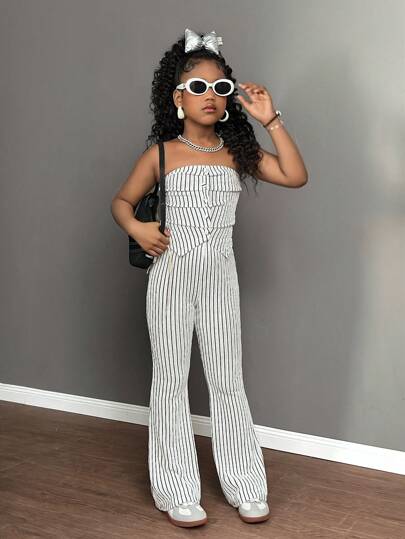 Conjunto de top tubo verde con textura de playa y pantalones acampanados con botones para niña preadolescente