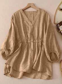 Áo cánh vải lanh cổ chữ V rộng rãi đa năng mới giúp thon gọn dành cho người ngoại cỡ - Màu Khaki - Xem 1