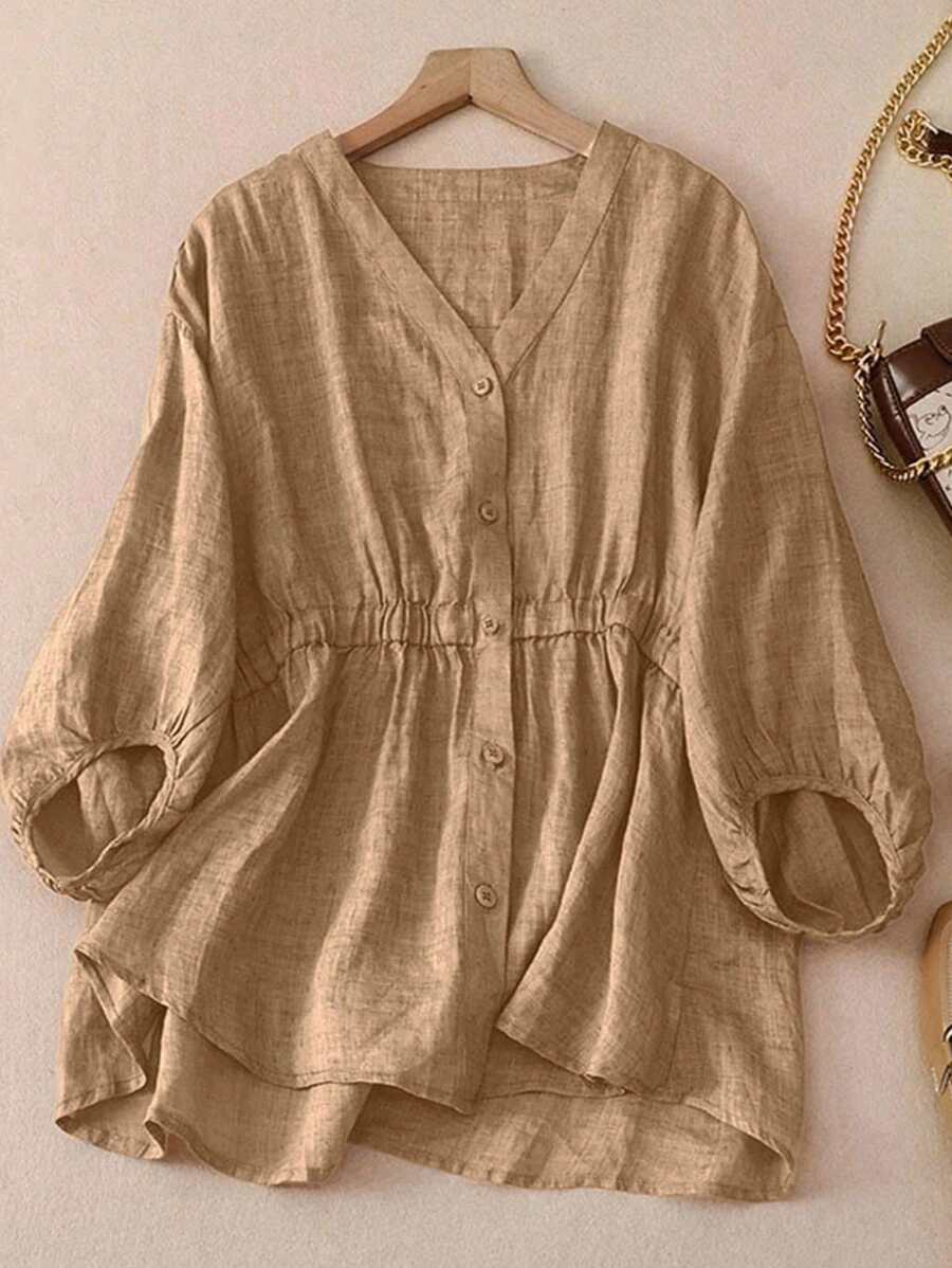 Áo cánh vải lanh cổ chữ V rộng rãi đa năng mới giúp thon gọn dành cho người ngoại cỡ - Màu Khaki - Xem 1