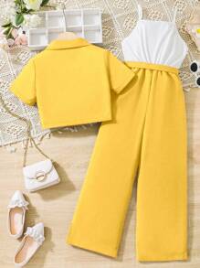 SHEIN Tween Girls Solid Lapel Neck Button Down Short Sleeve Top And Wide Leg Pants Casual 2 Pieces Set - Yellow - View 2