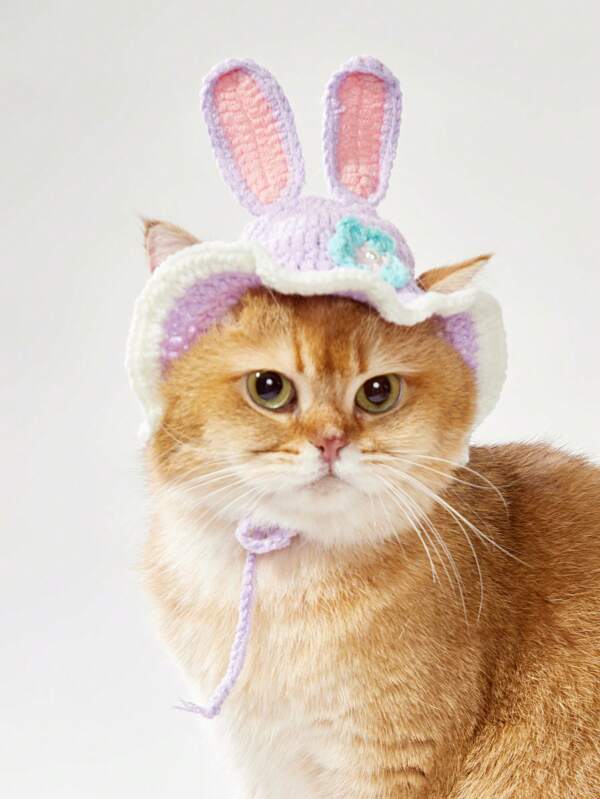 PETSIN Spring/Summer Purple Cute Rabbit Pet Hat, Knitted Cat Dog Cosplay Headwear Pet Cap