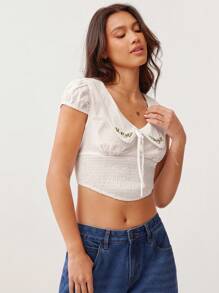WESTFADE 100% Cotton Cổ chữ V Phong cách miền Tây mùa hè Cổ áo thêu hoa Nơ dễ thương Thắt nơ phía trước Eo ngắn Tay lửng Áo crop top bó sát Nữ cao bồi Rodeo Nashville Kỳ nghỉ Mùa xuân Thanh lịch Thường ngày - trắng - Xem 3